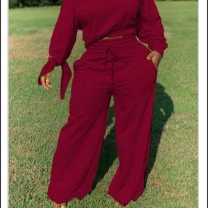 Drawstring Loose Wine Red Two-piece Pants Set